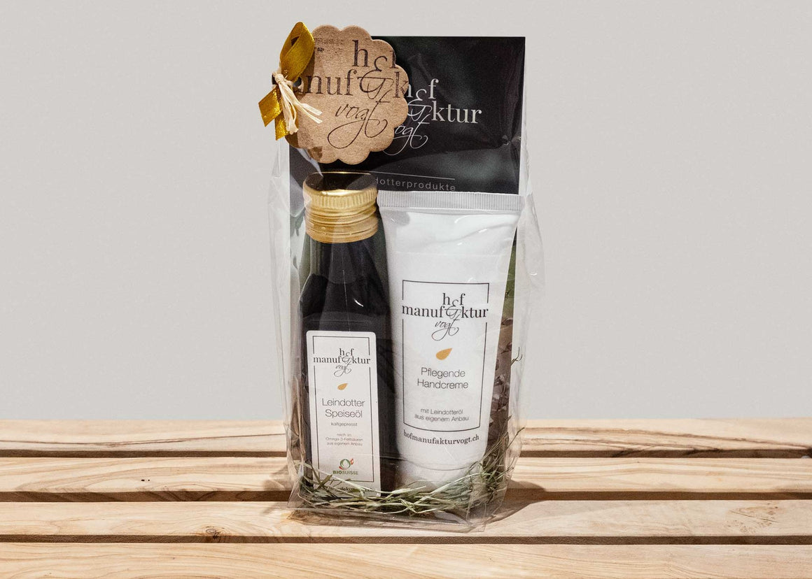 Geschenkset Leindotter-Speiseöl und Pflegende Handcreme
